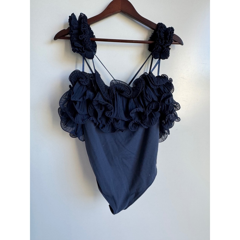 Free People Intimately Navy Blue Ruffle Tiered Bodysuit Balletcore Romantic Med